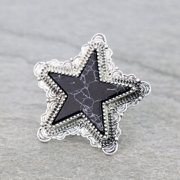 Turquoise White Black STAR Natural Stone Western Boho Style Stretch Ring Silver - Picture 4 of 6